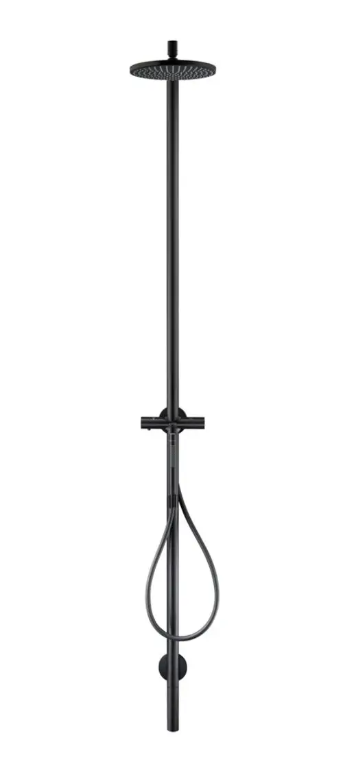 Schwarze Duschsäule mit Regenbrause, integrierter Handbrause und eleganter Rohrführung für modernes Badezimmerdesign.